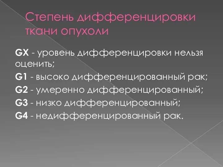 Степень дифференцировки ткани опухоли GX - уровень дифференцировки нельзя оценить;