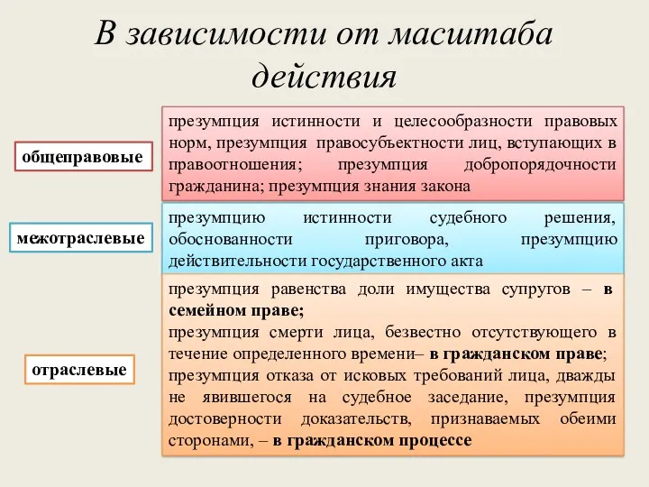 В зависимости от масштаба действия общеправовые межотраслевые отраслевые презумпция истинности