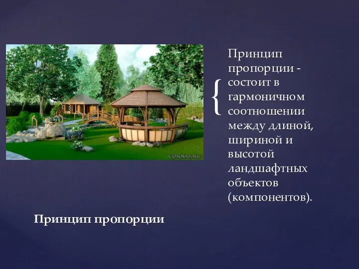 Принцип пропорции - состоит в гармоничном соотношении между длиной, шириной