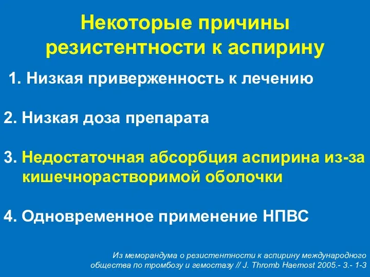 Некоторые причины резистентности к аспирину Из меморандума о резистентности к