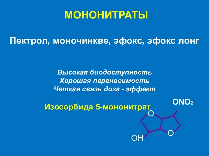 МОНОНИТРАТЫ О О OH Изосорбида 5-мононитрат Пектрол, моночинкве, эфокс, эфокс