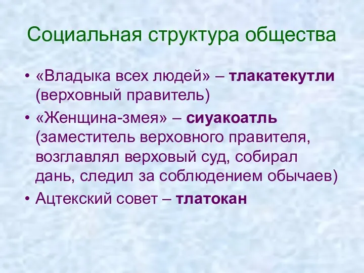 Социальная структура общества «Владыка всех людей» – тлакатекутли (верховный правитель)