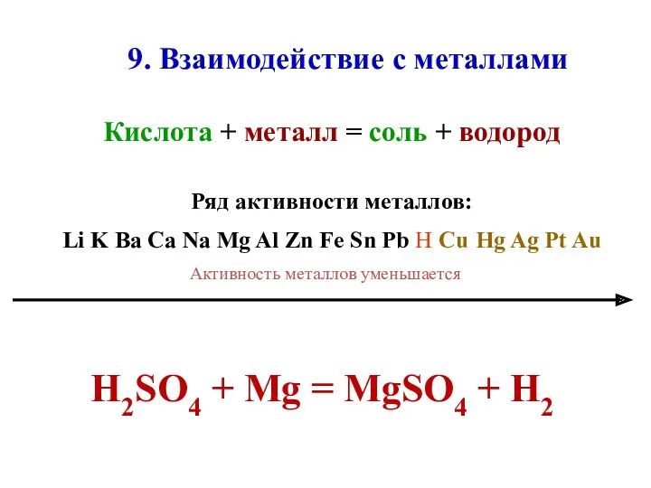 9. Bзаимодействие с металлами Кислота + металл = соль +