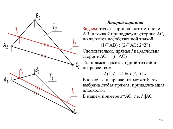 Второй вариант Задаем: точка 1 принадлежит стороне АВ, а точка