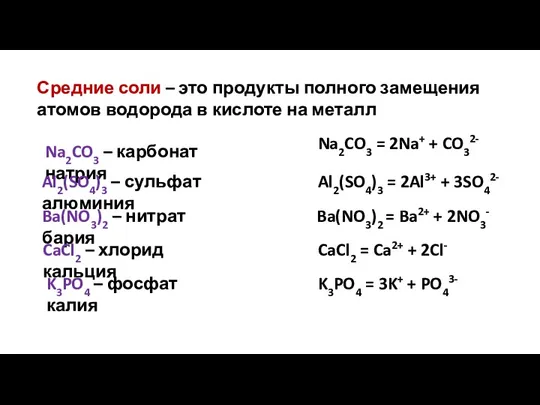 Na2CO3 – карбонат натрия Al2(SO4)3 – сульфат алюминия Ba(NO3)2 –