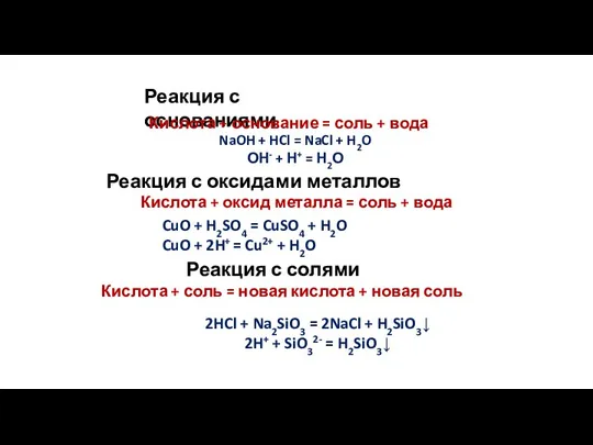 Реакция с основаниями Кислота + основание = соль + вода