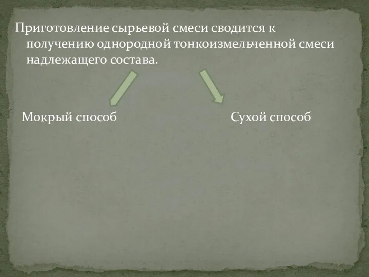 Приготовление сырьевой смеси сводится к получению однородной тонкоизмельченной смеси надлежащего состава. Мокрый способ Сухой способ