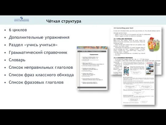 Чёткая структура 6 циклов Дополнительные упражнения Раздел «учись учиться» Грамматический