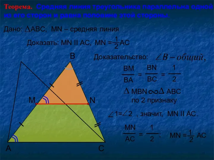 Теорема. Средняя линия треугольника параллельна одной из его сторон и равна половине этой