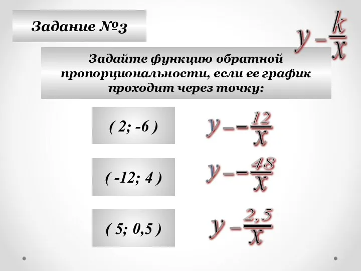 Задание №3 Задайте функцию обратной пропорциональности, если ее график проходит