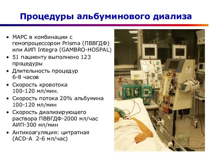 Процедуры альбуминового диализа МАРС в комбинации с гемопроцессором Prisma (ПВВГДФ)