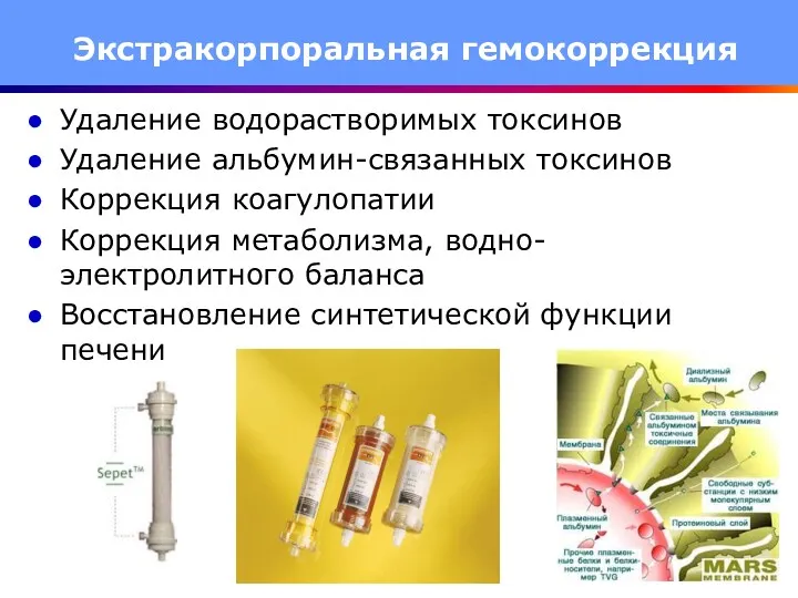 Удаление водорастворимых токсинов Удаление альбумин-связанных токсинов Коррекция коагулопатии Коррекция метаболизма,