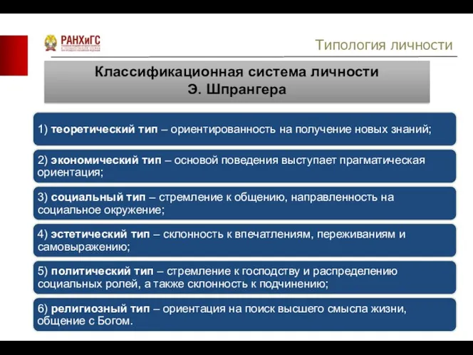 Типология личности Классификационная система личности Э. Шпрангера