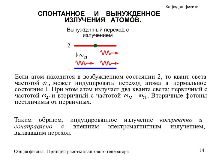 Вынужденный переход с излучением СПОНТАННОЕ И ВЫНУЖДЕННОЕ ИЗЛУЧЕНИЯ АТОМОВ. Таким