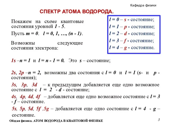 Общая физика. АТОМ ВОДОРОДА В КВАНТОВОЙ ФИЗИКЕ Покажем на схеме