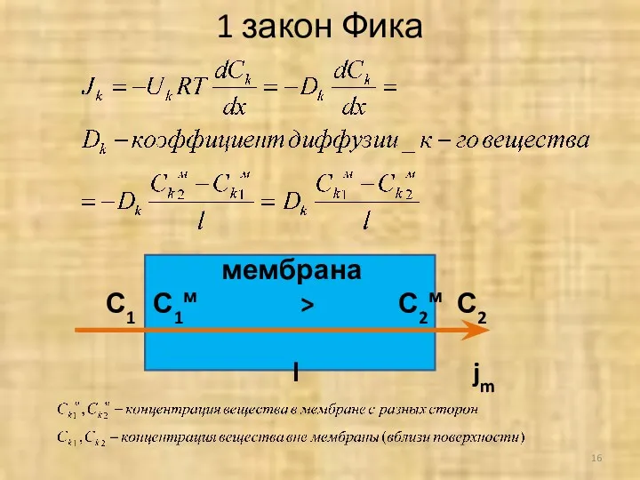1 закон Фика мембрана С1 С1м > С2м С2 l jm