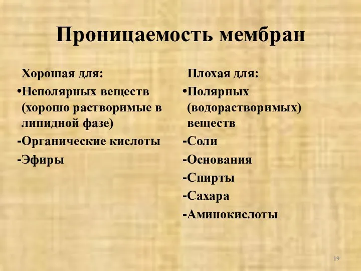 Проницаемость мембран Хорошая для: Неполярных веществ (хорошо растворимые в липидной