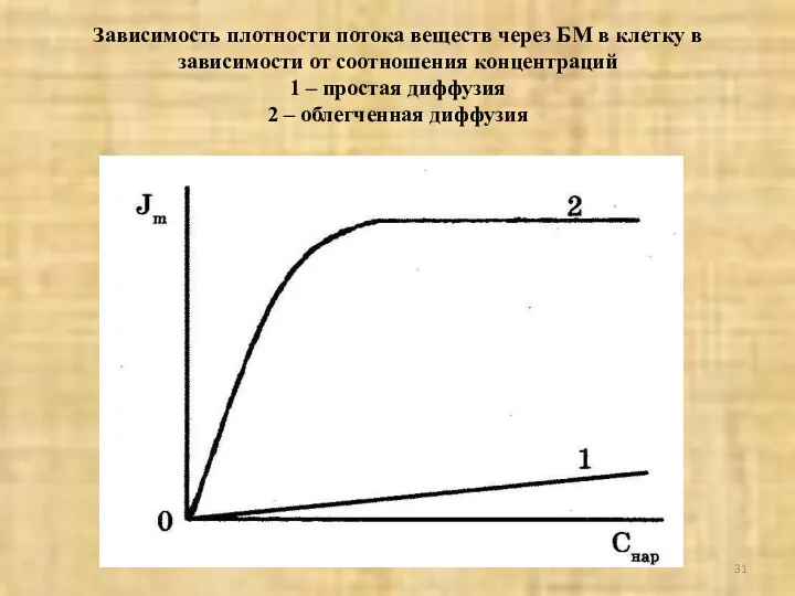 Зависимость плотности потока веществ через БМ в клетку в зависимости