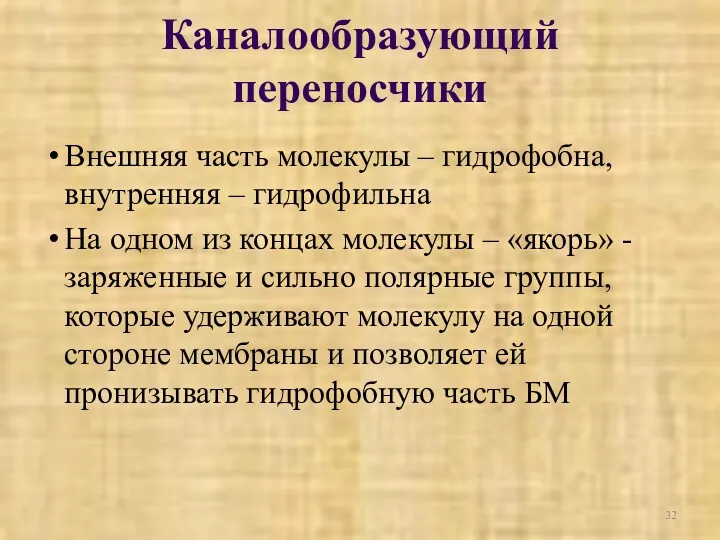 Внешняя часть молекулы – гидрофобна, внутренняя – гидрофильна На одном