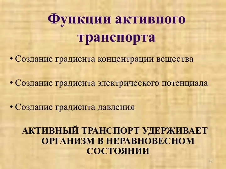 Создание градиента концентрации вещества Создание градиента электрического потенциала Создание градиента