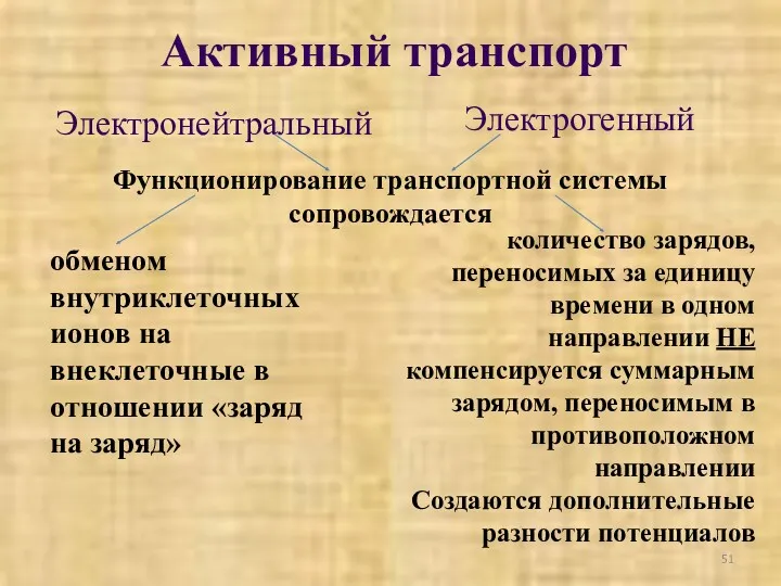 Электронейтральный Активный транспорт Электрогенный Функционирование транспортной системы сопровождается обменом внутриклеточных