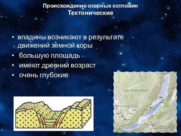 Происхождение озерных котловин Тектонические впадины возникают в результате движений земной