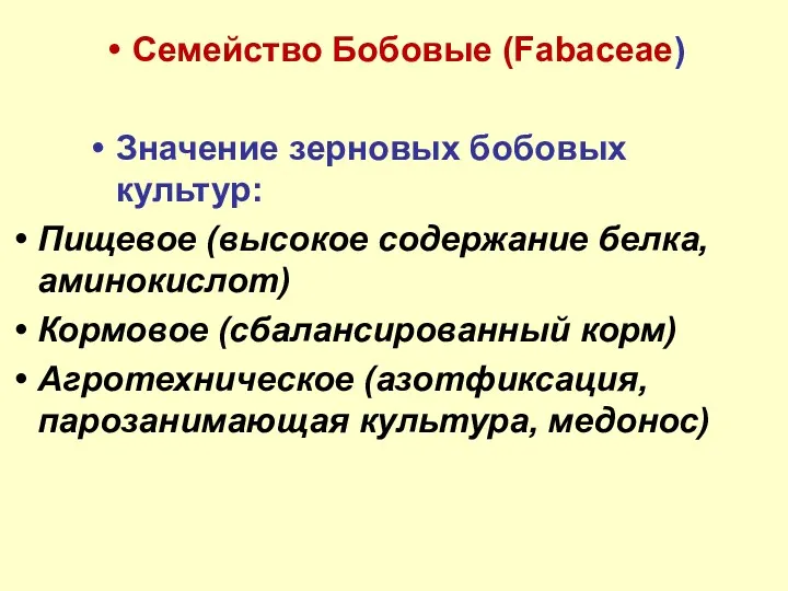 Семейство Бобовые (Fabaceae) Значение зерновых бобовых культур: Пищевое (высокое содержание