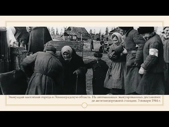 Эвакуация населения города в Ленинградскую область. На автомашинах эвакуированных доставляют