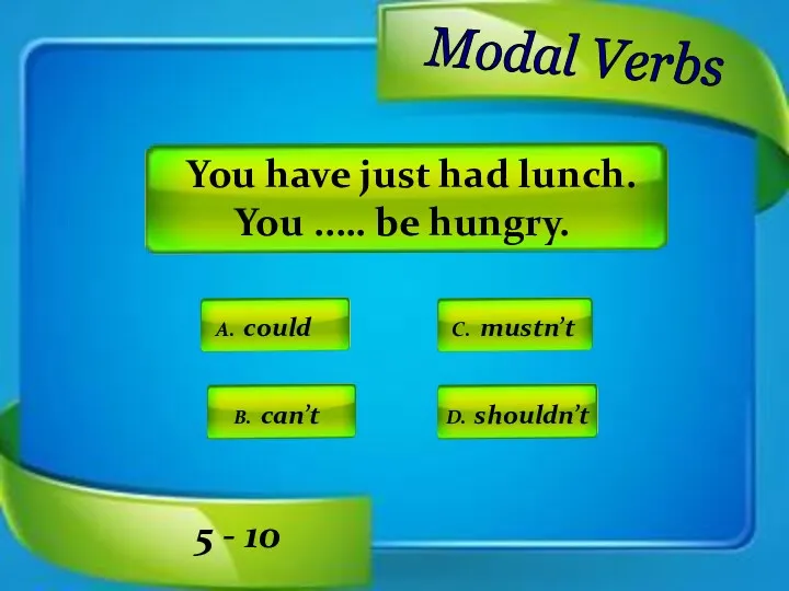 Modal Verbs C. mustn’t D. shouldn’t A. could You have