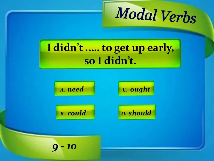 Modal Verbs A. need C. ought D. should B. could