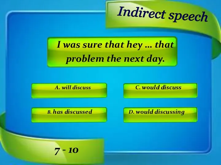 Indirect speech A. will discuss C. would discuss D. would