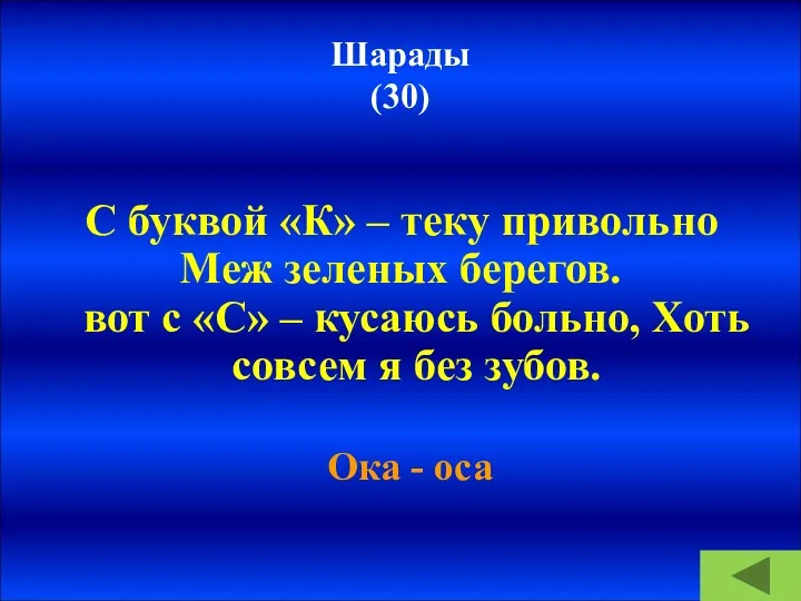 Шарады (30) С буквой «К» – теку привольно Меж зеленых