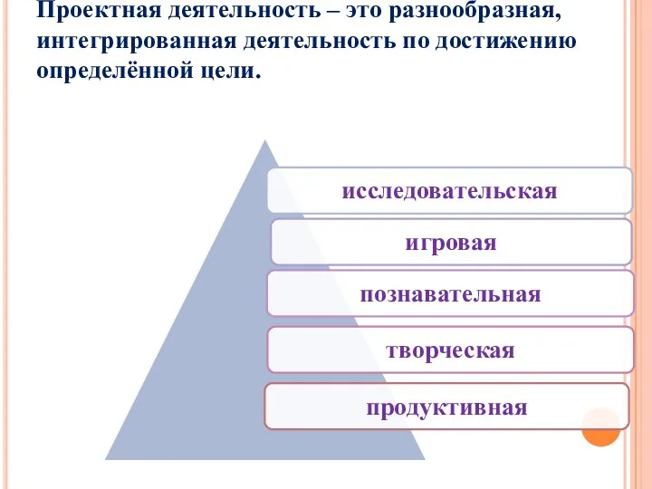 Проектная деятельность – это разнообразная, интегрированная деятельность по достижению определённой цели.