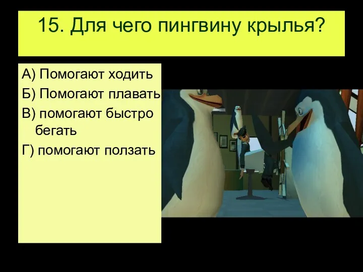 15. Для чего пингвину крылья? А) Помогают ходить Б) Помогают