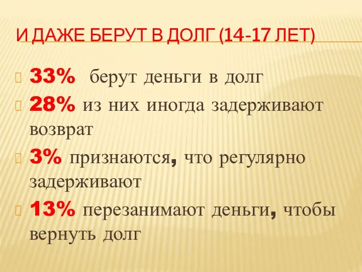 И ДАЖЕ БЕРУТ В ДОЛГ (14-17 ЛЕТ) 33% берут деньги