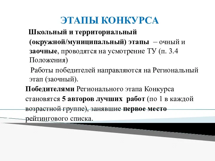 ЭТАПЫ КОНКУРСА Школьный и территориальный (окружной/муниципальный) этапы – очный и