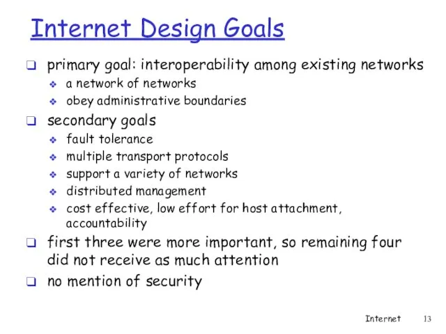 Internet Design Goals primary goal: interoperability among existing networks a