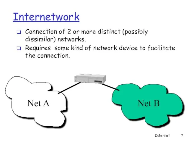 Internetwork Connection of 2 or more distinct (possibly dissimilar) networks.