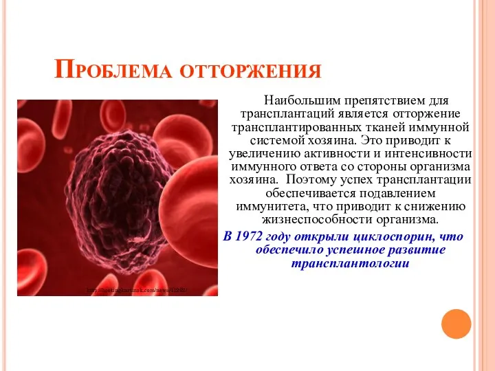 Проблема отторжения Наибольшим препятствием для трансплантаций является отторжение трансплантированных тканей