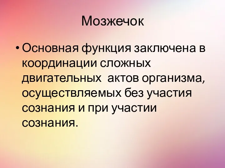 Мозжечок Основная функция заключена в координации сложных двигательных актов организма, осуществляемых без участия