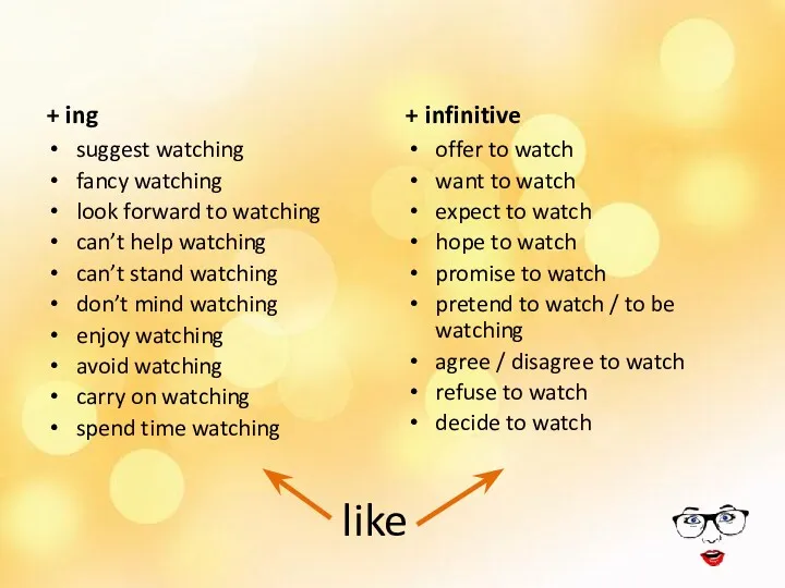 like + ing suggest watching fancy watching look forward to watching can’t help
