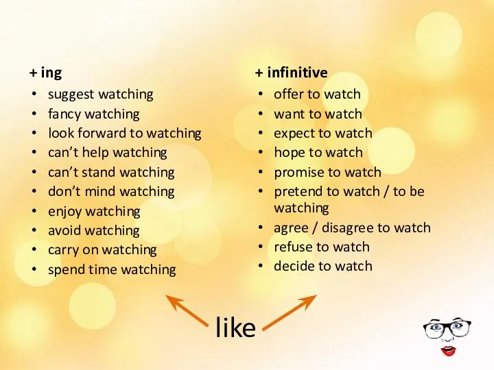 like + ing suggest watching fancy watching look forward to