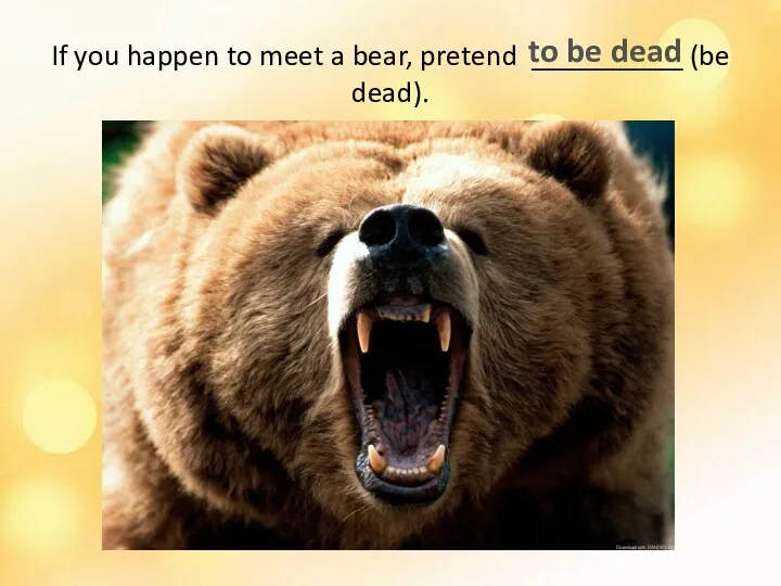 If you happen to meet a bear, pretend __________ (be dead). to be dead