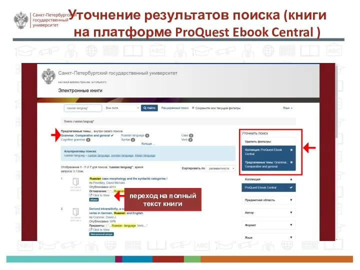 Уточнение результатов поиска (книги на платформе ProQuest Ebook Central ) переход на полный текст книги