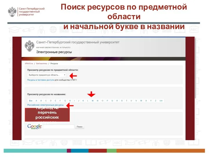 Поиск ресурсов по предметной области и начальной букве в названии Переход на перечень российских ресурсов