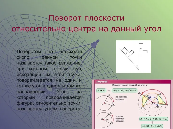 Поворотом на плоскости около данной точки называется такое движение, при