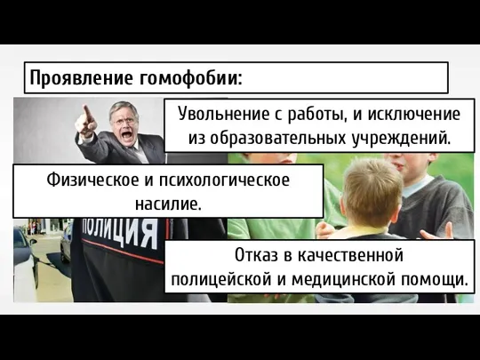 Проявление гомофобии: Увольнение с работы, и исключение из образовательных учреждений.