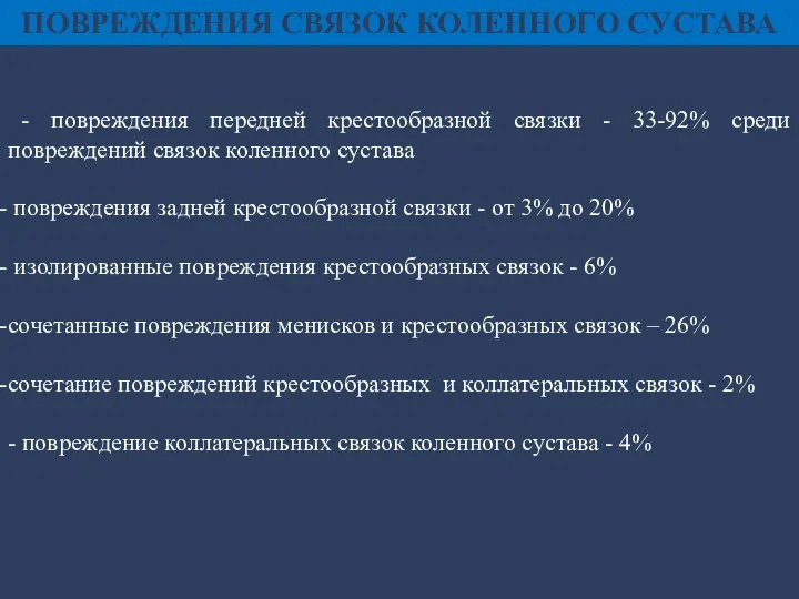 - повреждения передней крестообразной связки - 33-92% среди повреждений связок