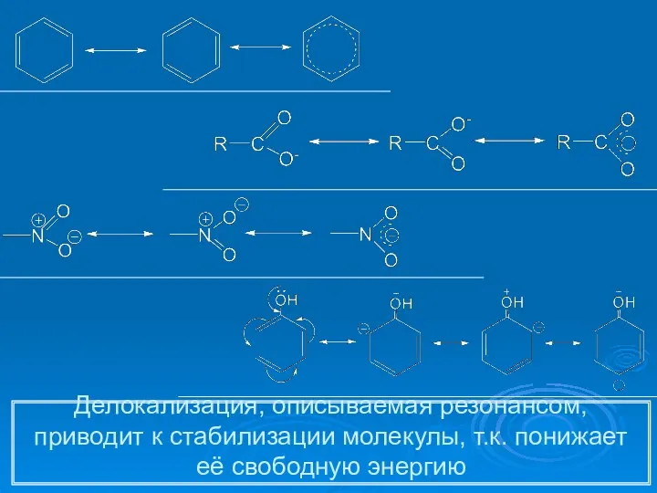 Делокализация, описываемая резонансом, приводит к стабилизации молекулы, т.к. понижает её свободную энергию