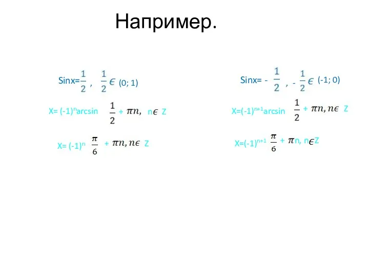 Например. Sinx= , (0; 1) X= (-1)narcsin + n Z X= (-1)n +